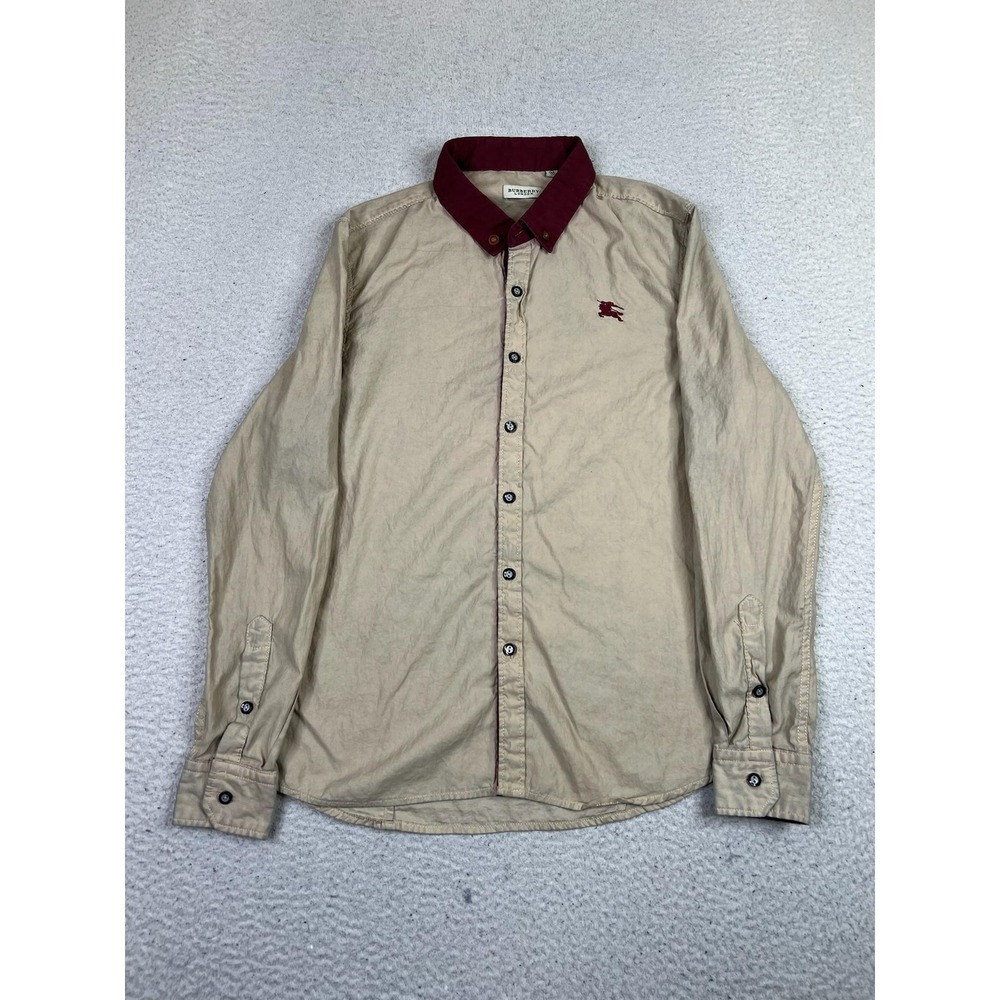 Burberry London Shirt Mens Medium Beige Burgundy Collar Knight Logo Cotton